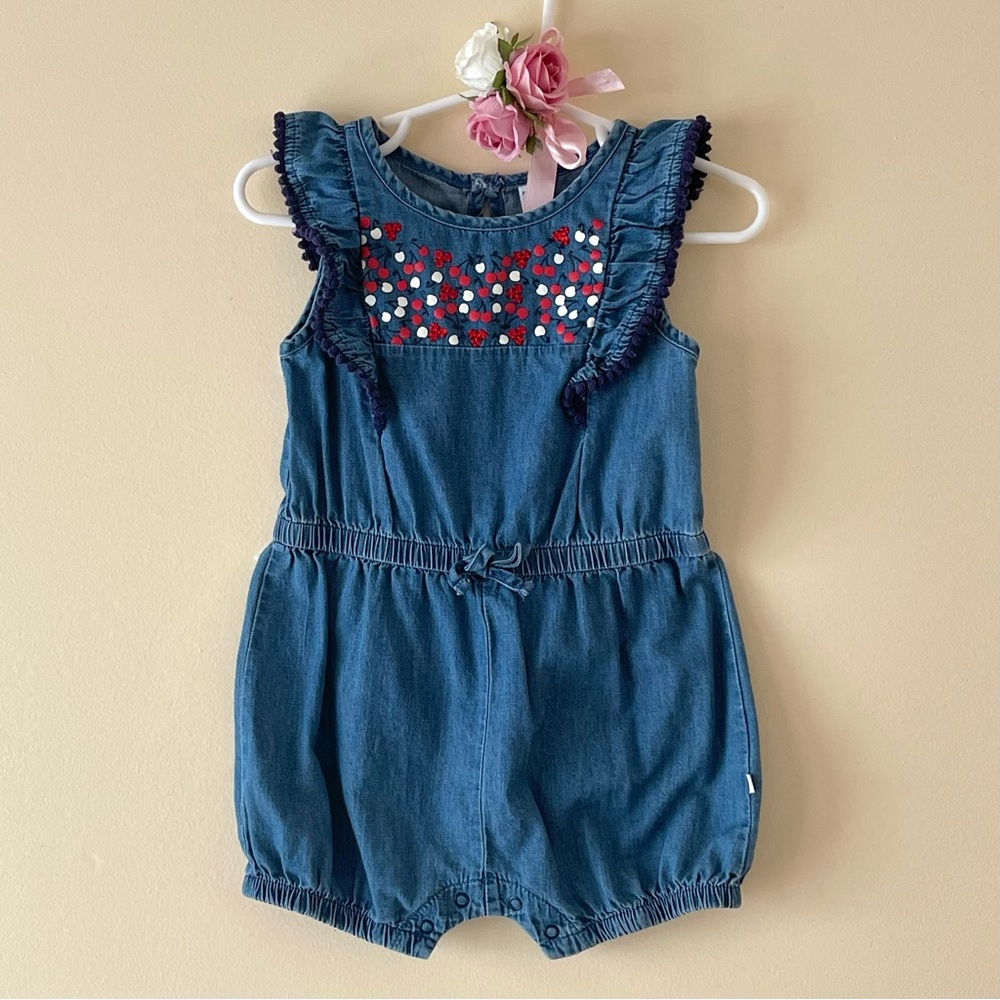 Petit Lem Baby Girl Cherry Denim Bubble Romper, Size 12m